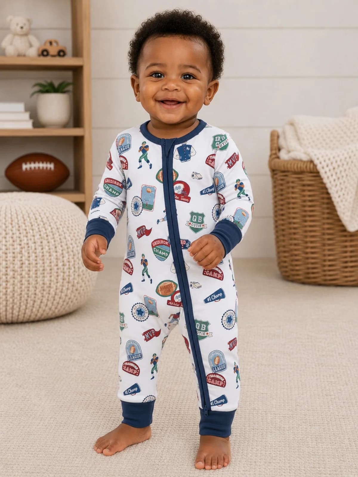 2-Way Zip Romper, Football Patches by Angel Dear
