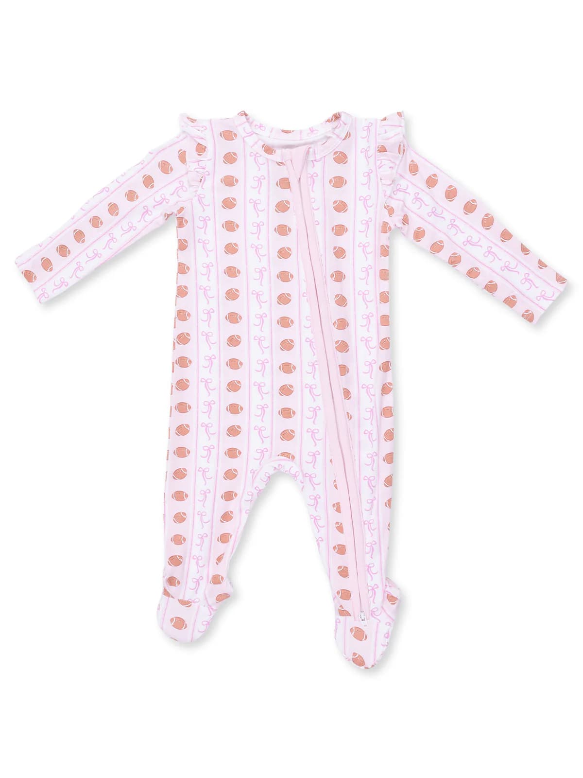 Ruffle Sleeve 2-Way Zip Footie, Football Bow Stripe by Angel Dear