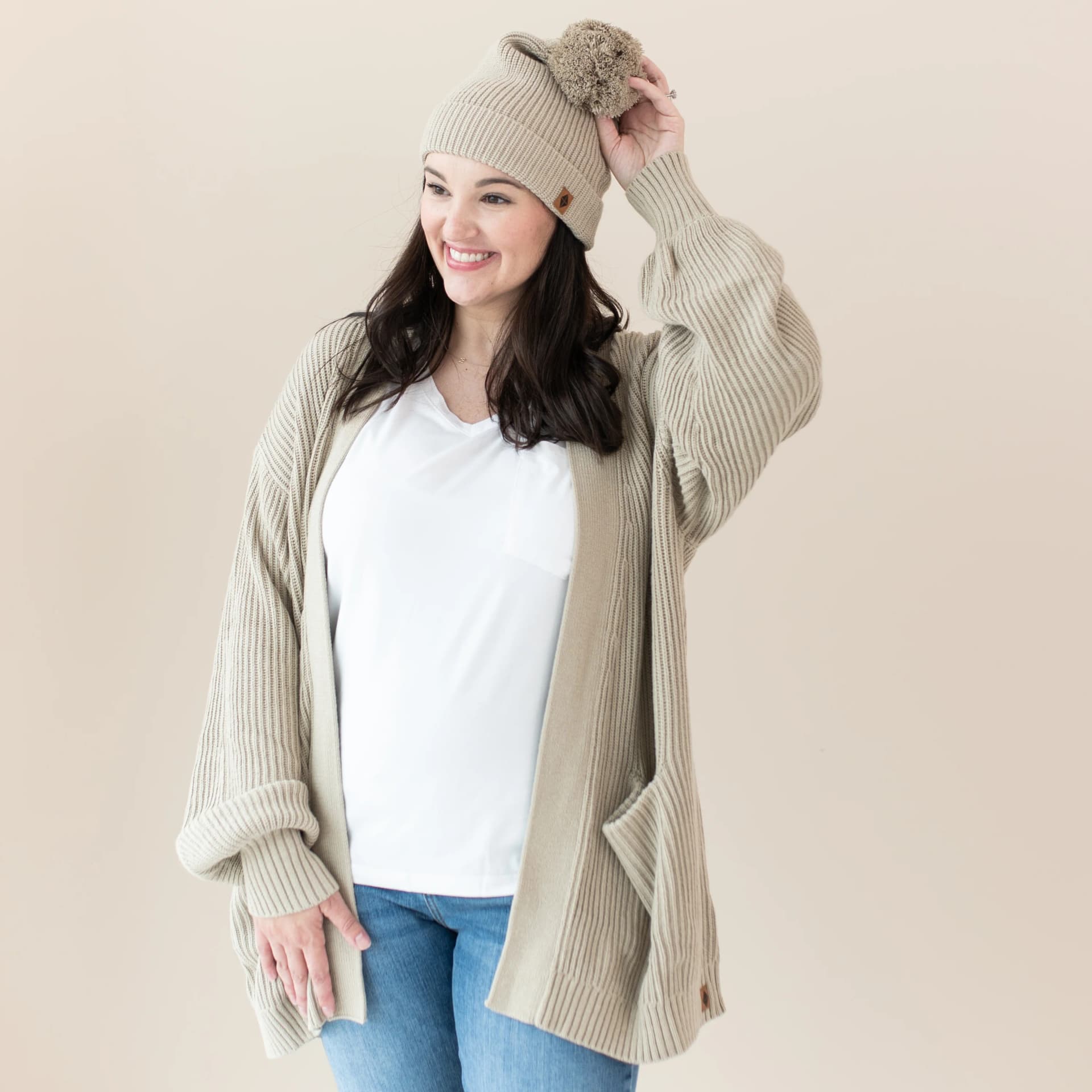 Chunky Knit Adult Pom Beanie in Almond by Kyte Living