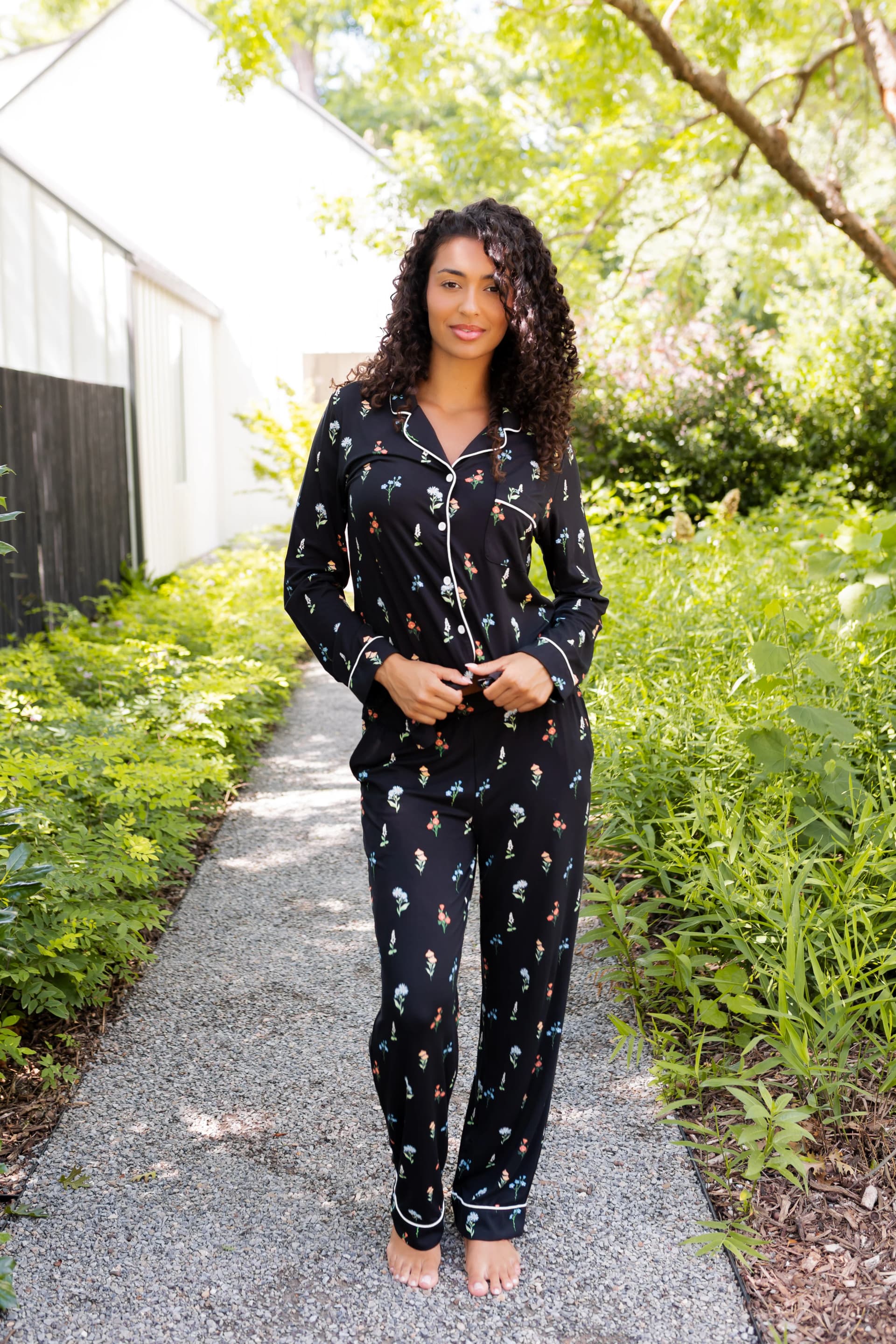 Long-Sleeved Women's Pajama Set in Midnight Wildflower by Kyte Living