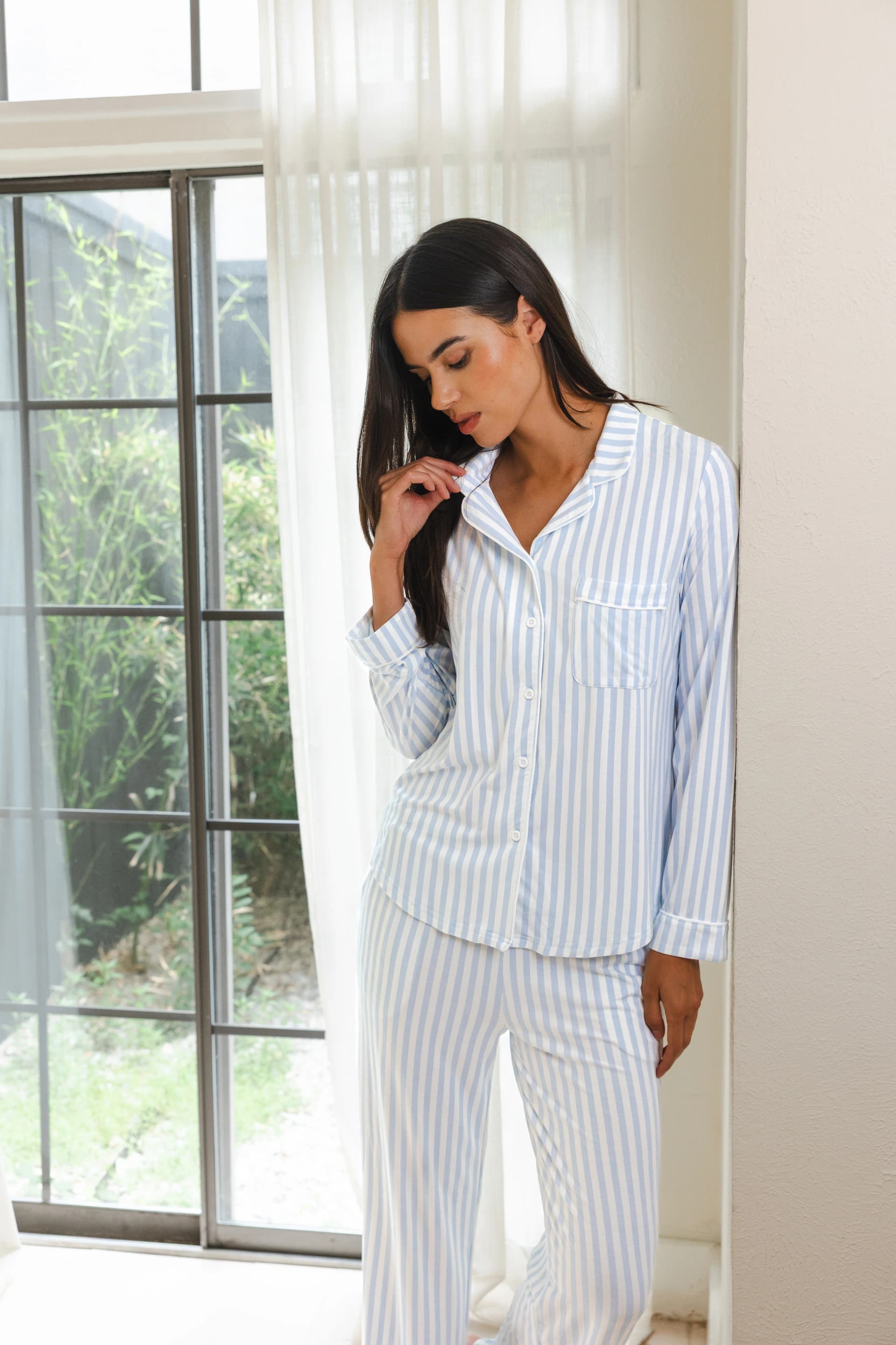 Long-Sleeved Women's Pajama Set in Small Mist Stripe with Cloud Trim by Kyte Living