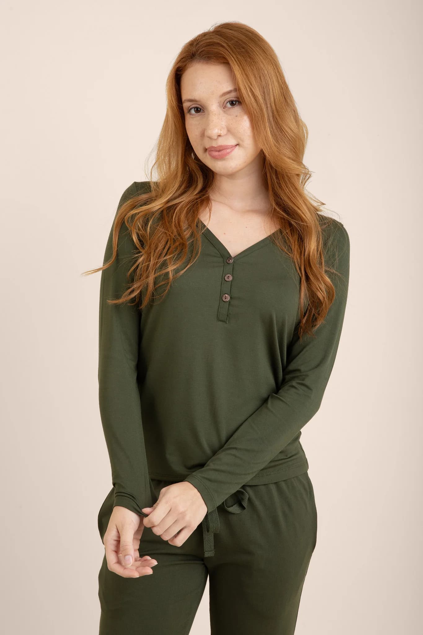 Women's Long Sleeve Henley Tee in Fir by Kyte Living