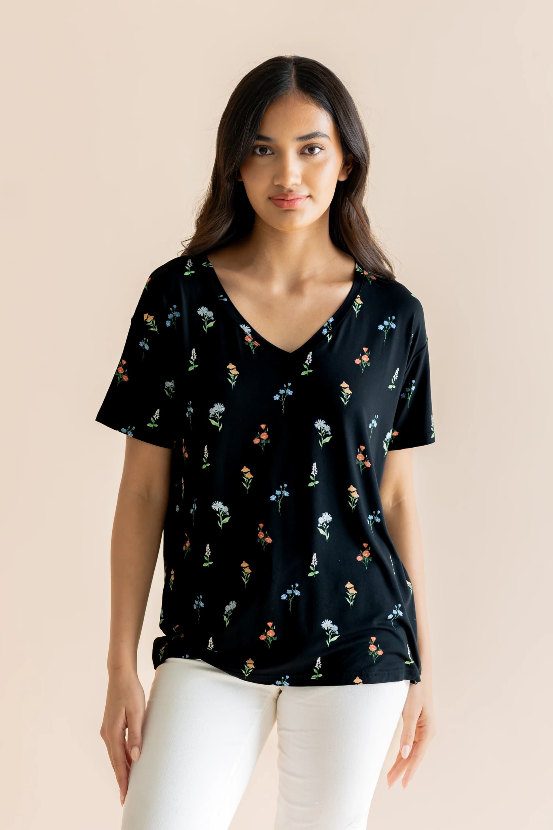 Women's Relaxed Fit V-Neck in Midnight Wildflower by Kyte Living