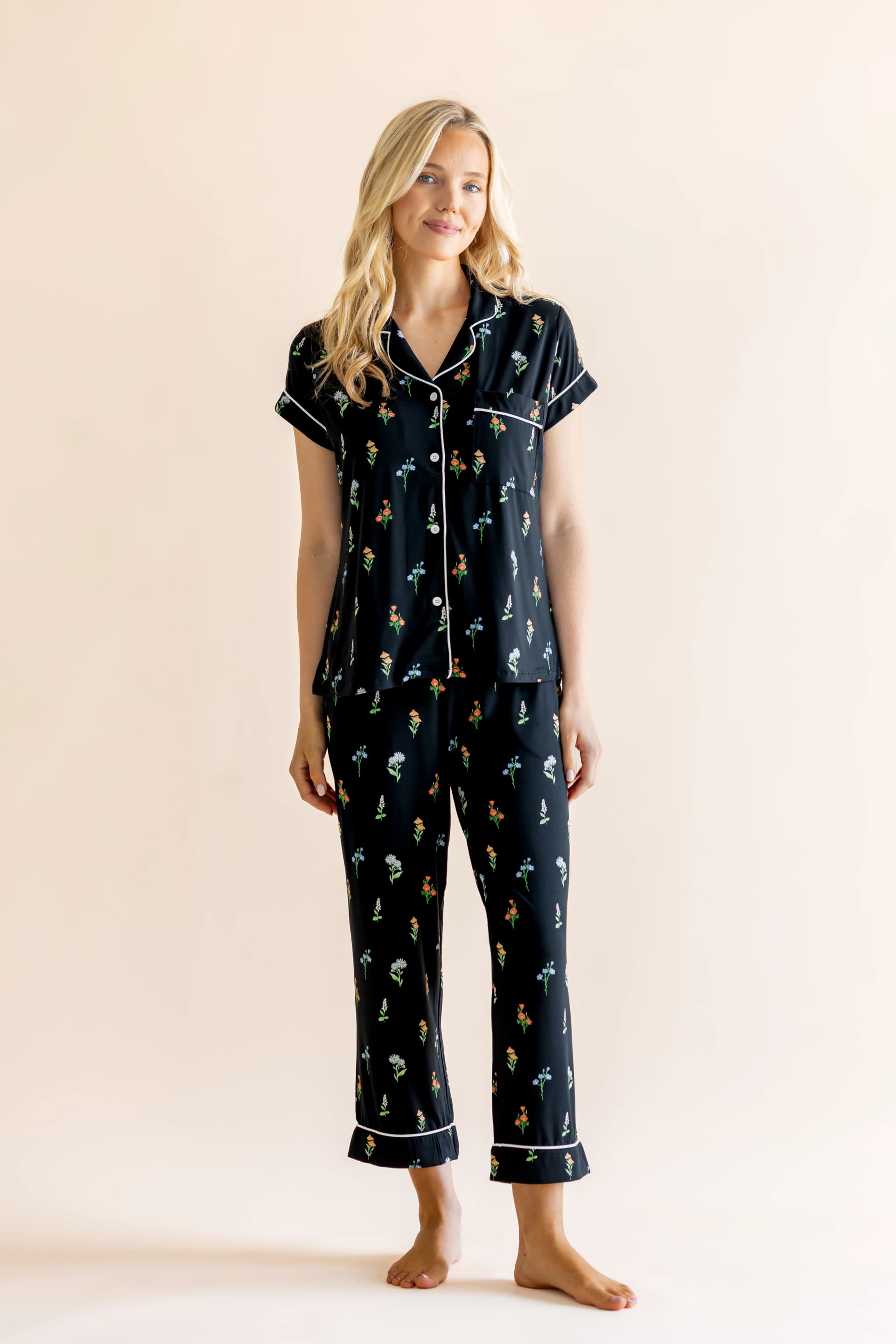 Women's Short Sleeve Cropped Pajama Set in Midnight Wildflower by Kyte Living