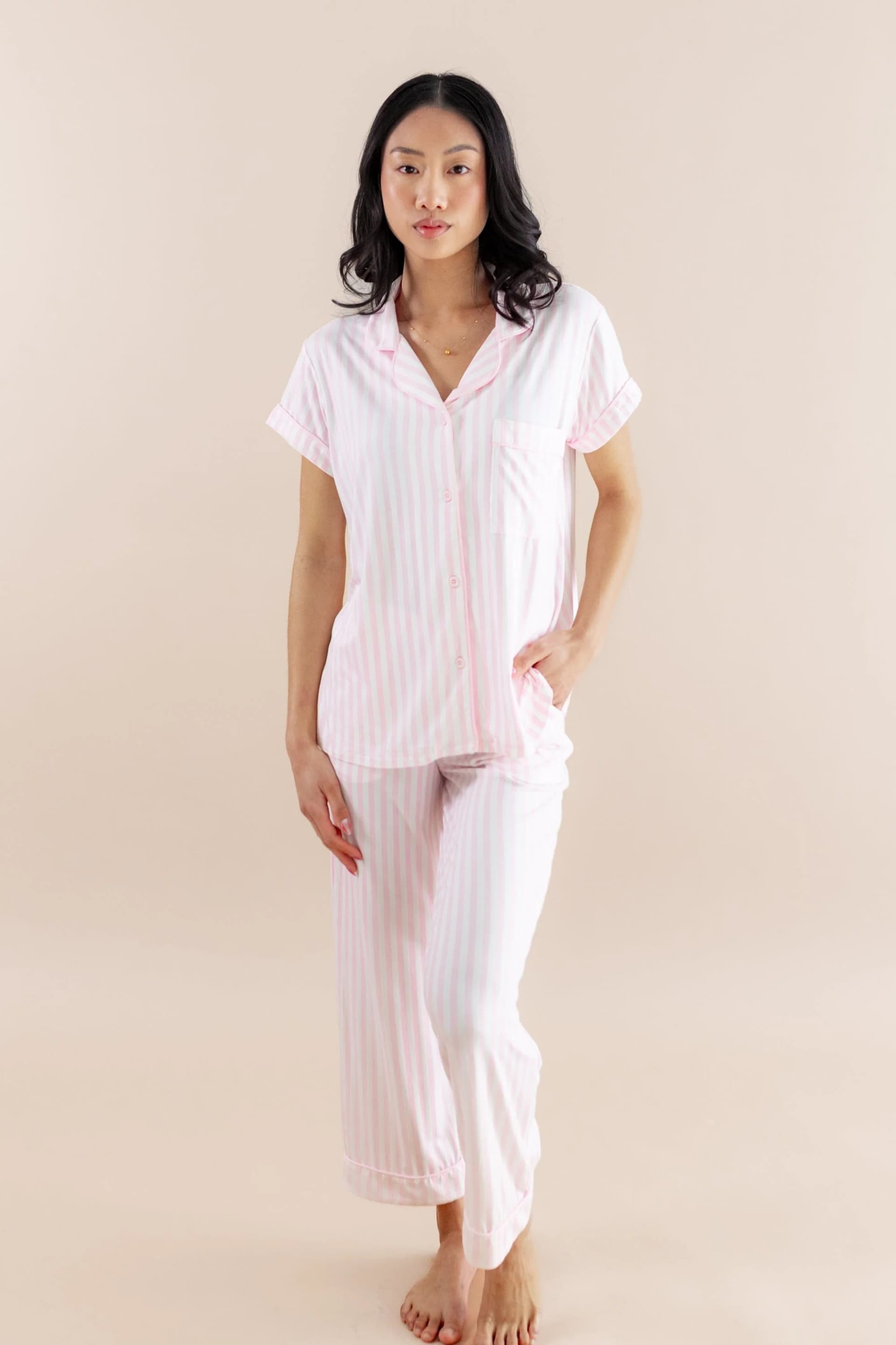 Women's Short Sleeve Cropped Pajama Set in Small Sakura Stripe by Kyte Living
