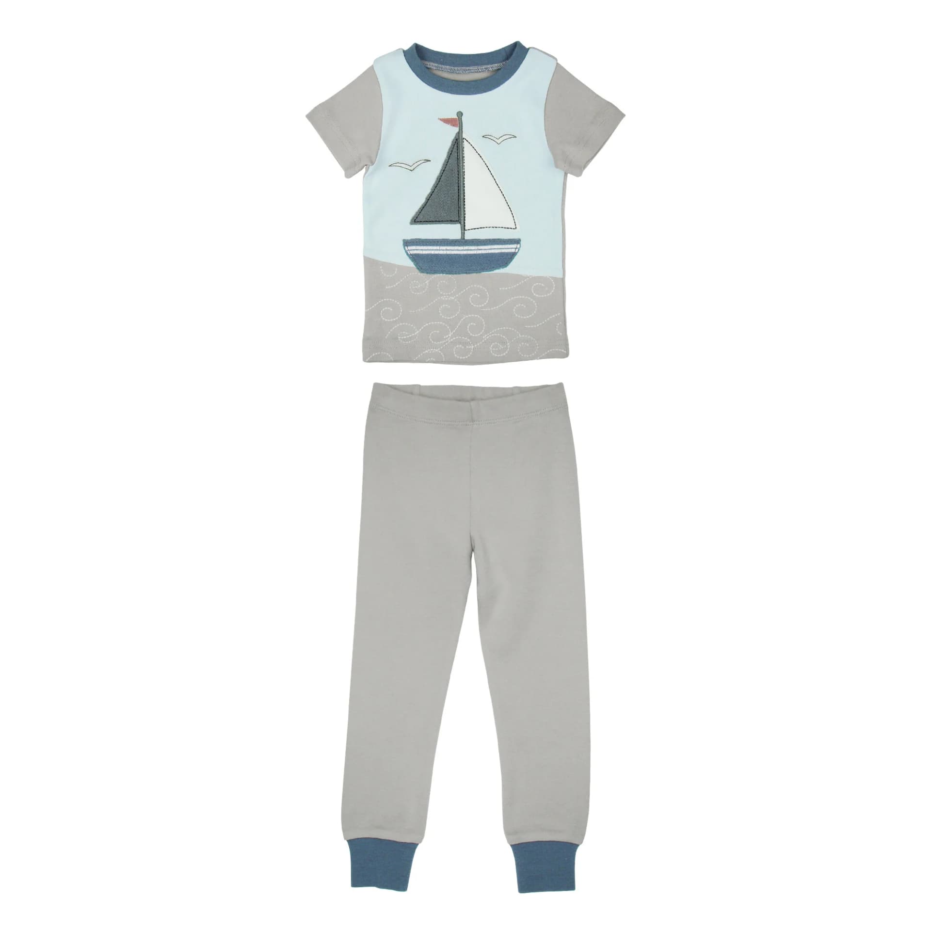Light Gray Sailboat | Kids' Organic Applique Short Sleeve PJ Set by L'Ovedbaby