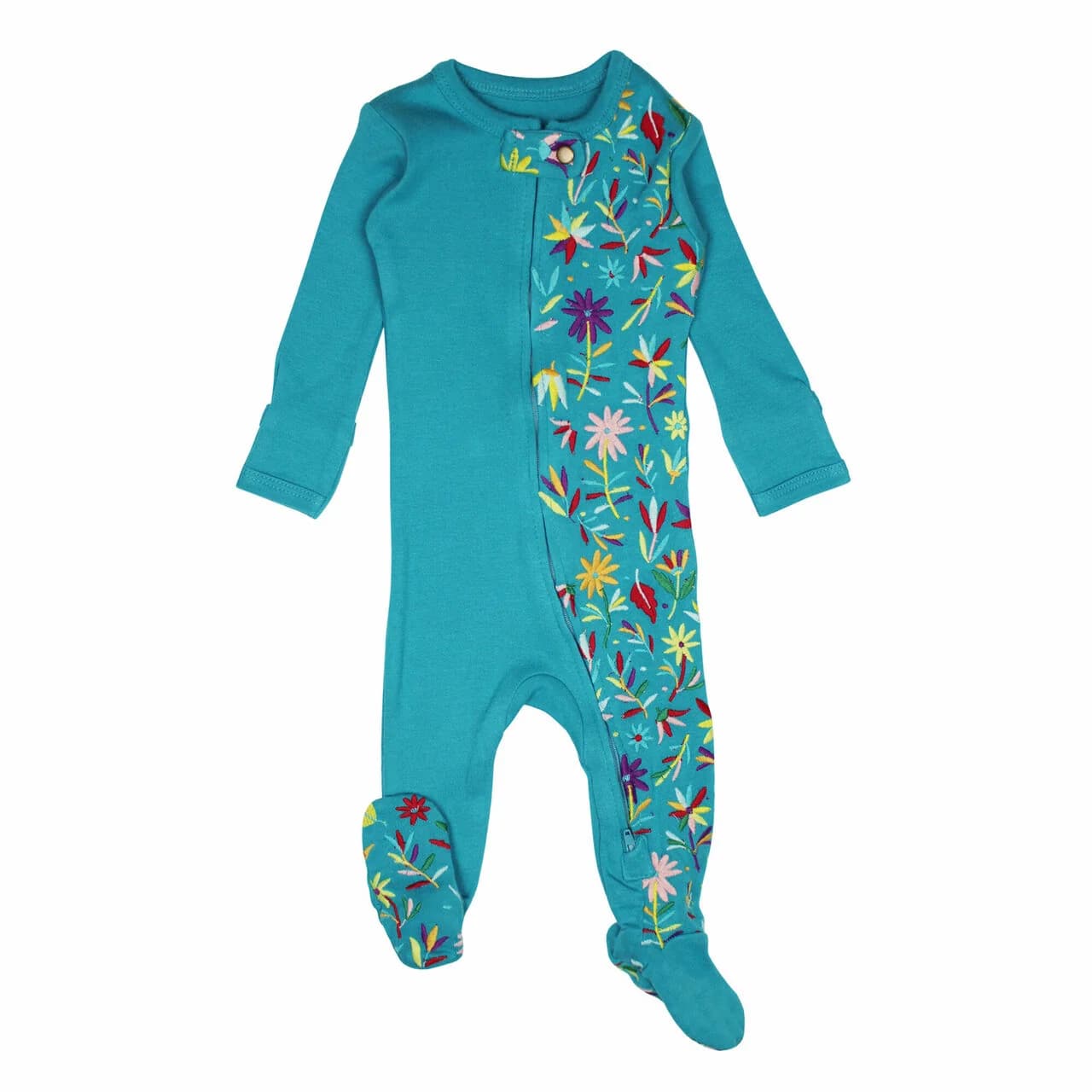 Teal Floral | Organic Embroidered Zipper Footie by L'Ovedbaby