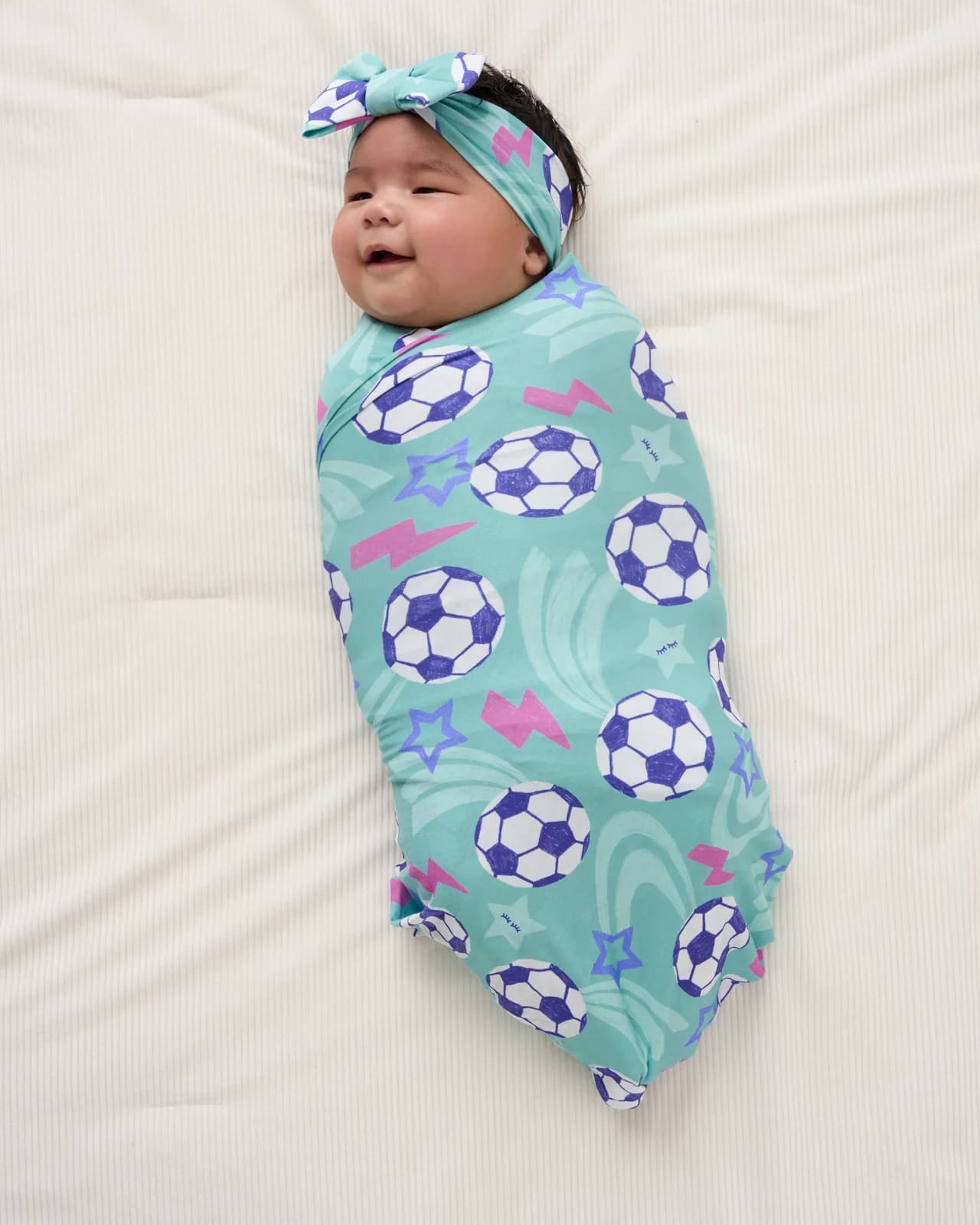 Aqua Soccer Stars Swaddle & Luxe Bow Headband Set by Little Sleepies