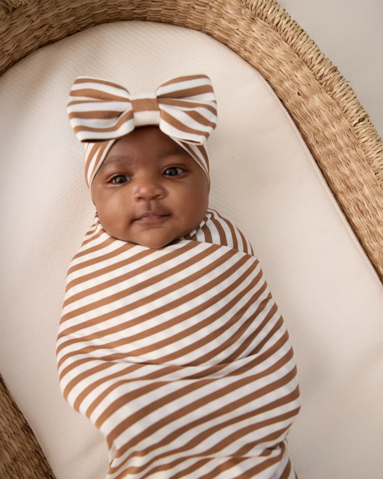 Chestnut Brown Stripe Swaddle & Luxe Bow Headband Set by Little Sleepies