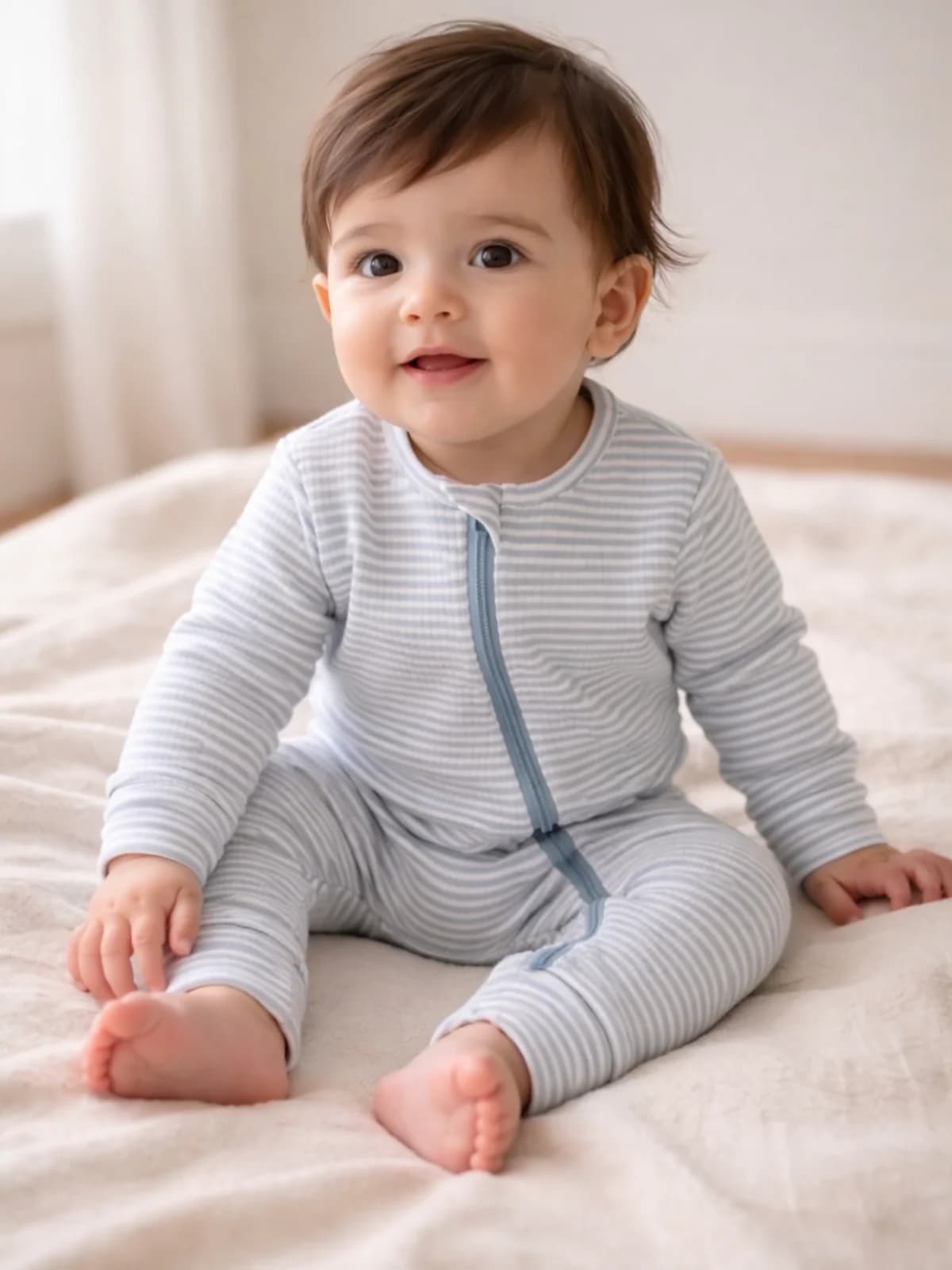 Dusty Blue Stripe / Ribbed 2-Way Zip Romper by Siix Collection
