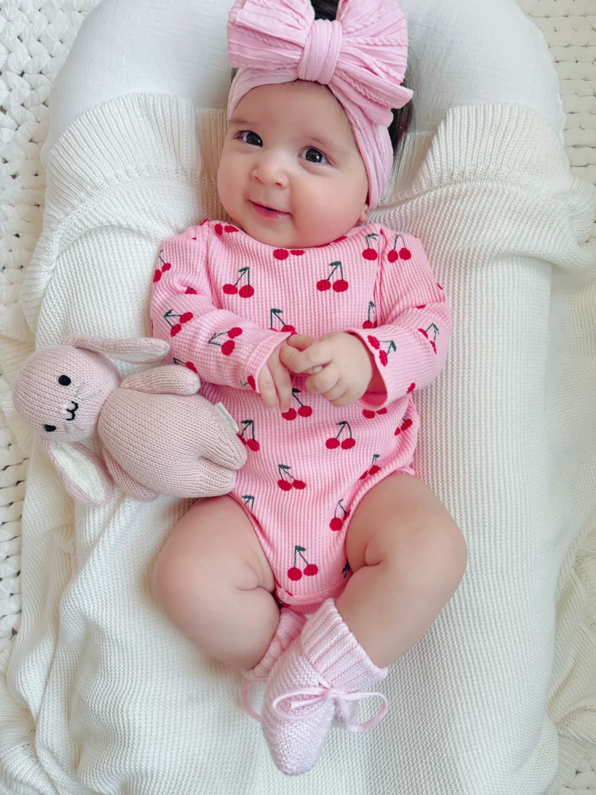 Organic Waffle Long Sleeve Bodysuit, Pink Cherries by Spearmintlove