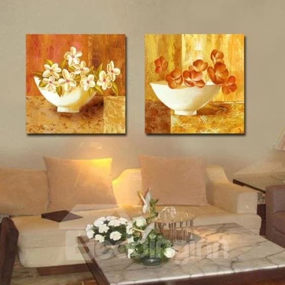 16¡Á16in¡Á2 Panels Yellow Background with Flowers in Bowl Printed Framed Wall Prints by BeddingInn