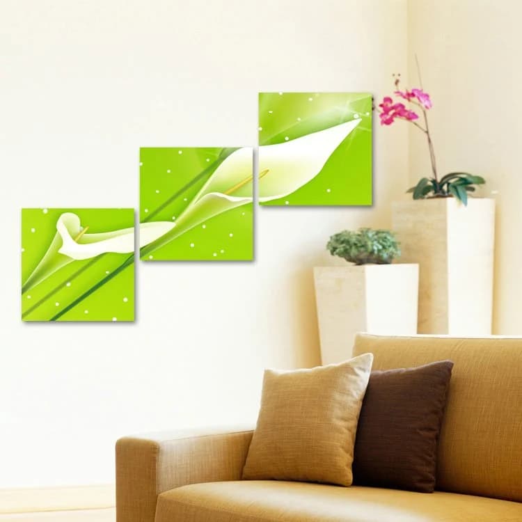 16¡Á16in¡Á3 Panels Green Background with Flowers Printed Crystal Film Waterproof Eco-friendly Framed Prints by BeddingInn