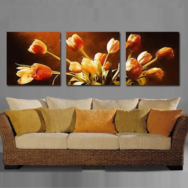 16¡Á16in¡Á3 Panels Tulips Pattern Hanging Canvas Waterproof and Eco-friendly Framed Prints by BeddingInn