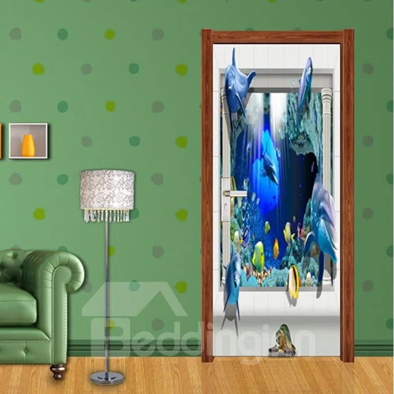 30¡Á79in Fishes Dolphins PVC Environmental Waterproof Self-Adhesive 3D Door Mural by BeddingInn