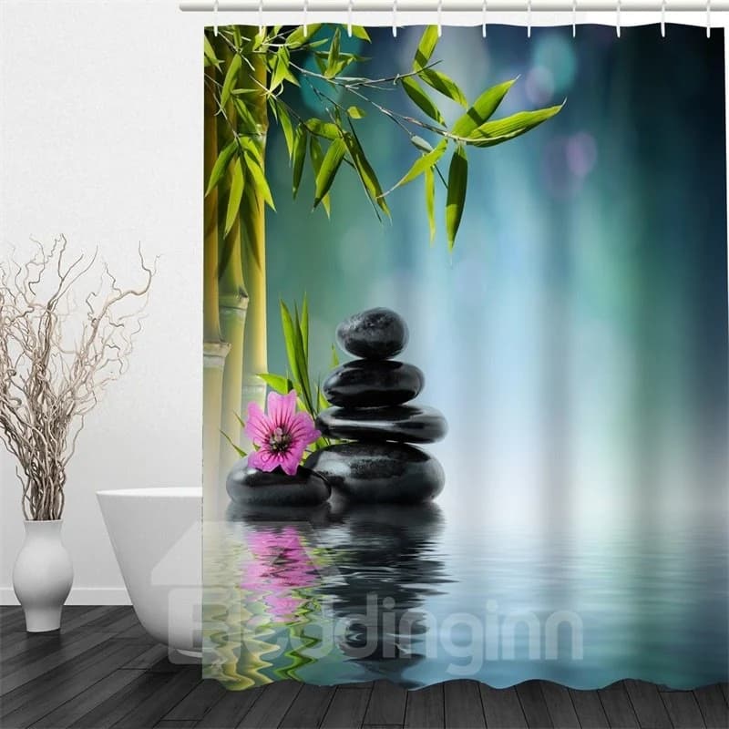 3D Bamboos and Stones Polyester Waterproof and Eco-friendly Shower Curtain by BeddingInn