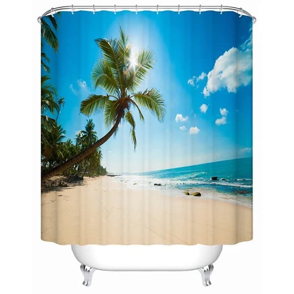 3D Beach and Coconut Tree Printed Polyester Blue Shower Curtain by BeddingInn