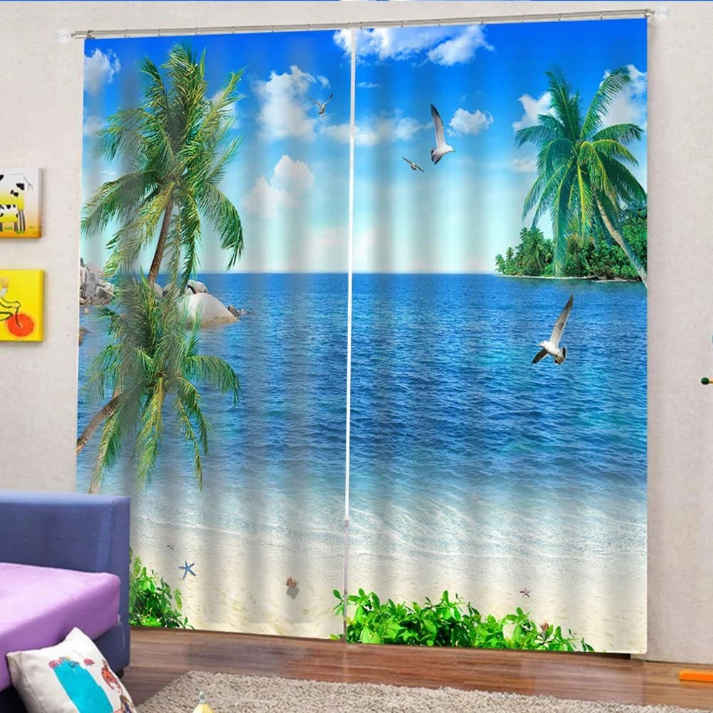 3D Beach and Sea Scenery Printed Blackout Decorative Window Curtains Custom 2 Panels Drapes No Pilling No Fading No off-lining by BeddingInn