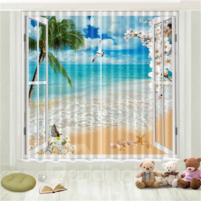 3D Beach Printed Teal Black Out Curtains 2 Panel Set 87 Inches Wide and 84 Inches Physically Blocks Light Nicely Prevents UV Ray Provides a Cool… by BeddingInn