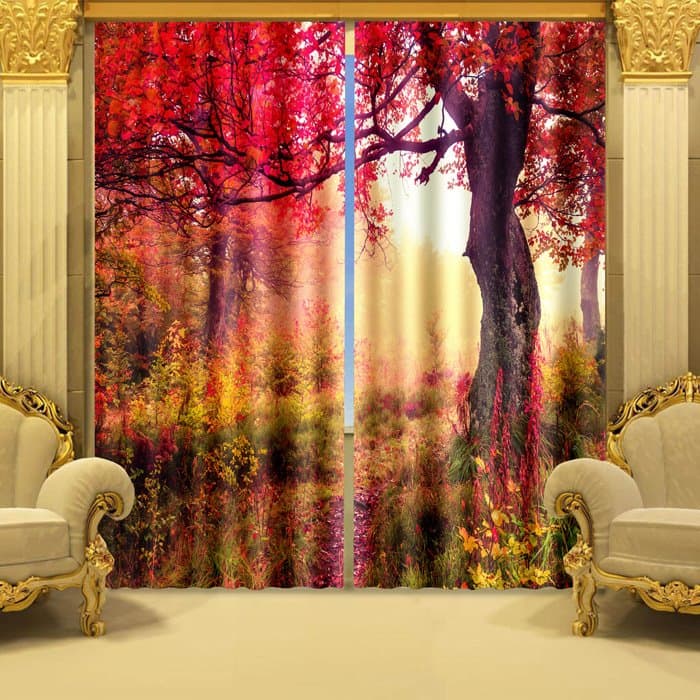 3D Beautiful Red Tree Printed Vibrant Color Natural Scenery Custom Living Room Curtain by BeddingInn