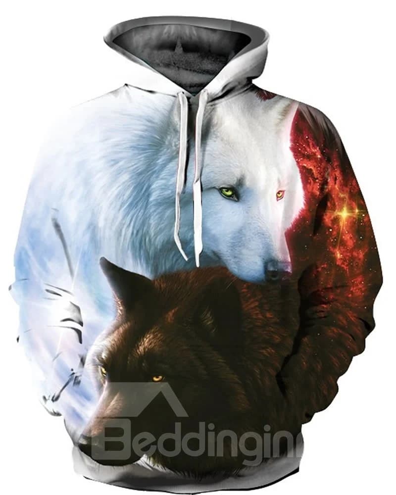 3D Black White Couple Wolfs Pattern Men Sweater Long Sleeve Cool Hoodies by BeddingInn