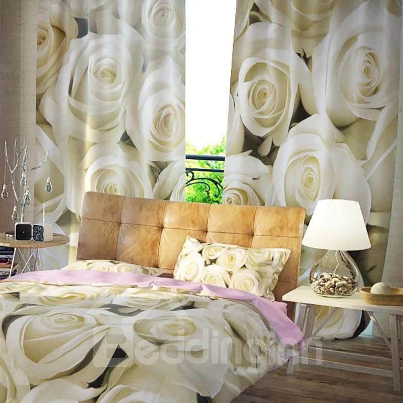 3D Blackout Romantic White Rose Pattern Printing Curtain by BeddingInn