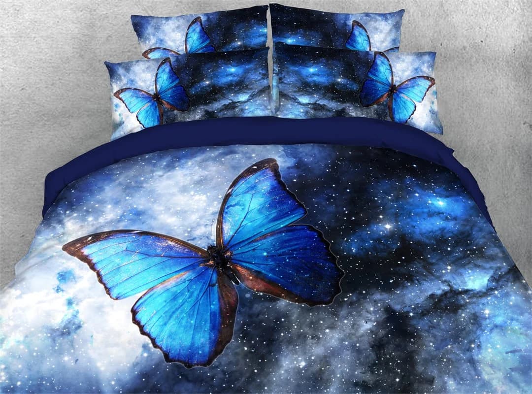 3D Blue Galaxy Butterfly 5 Piece Comforter Set/Bedding Set Ultra Soft with Zipper Closure and Corner Ties 2 Pillowcases 1 Flat Sheet 1 Duvet Cover 1… by BeddingInn