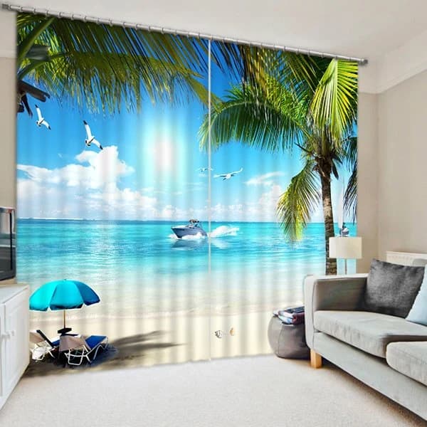 3D Blue Sea and White Beach Printed Wonderful Scenery Living Room Custom Curtain by BeddingInn