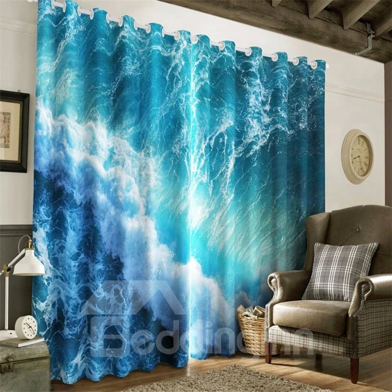 3D Blue Seas and Rolling Waves Printed Natural Beauty Living Room and Bedroom Curtain by BeddingInn