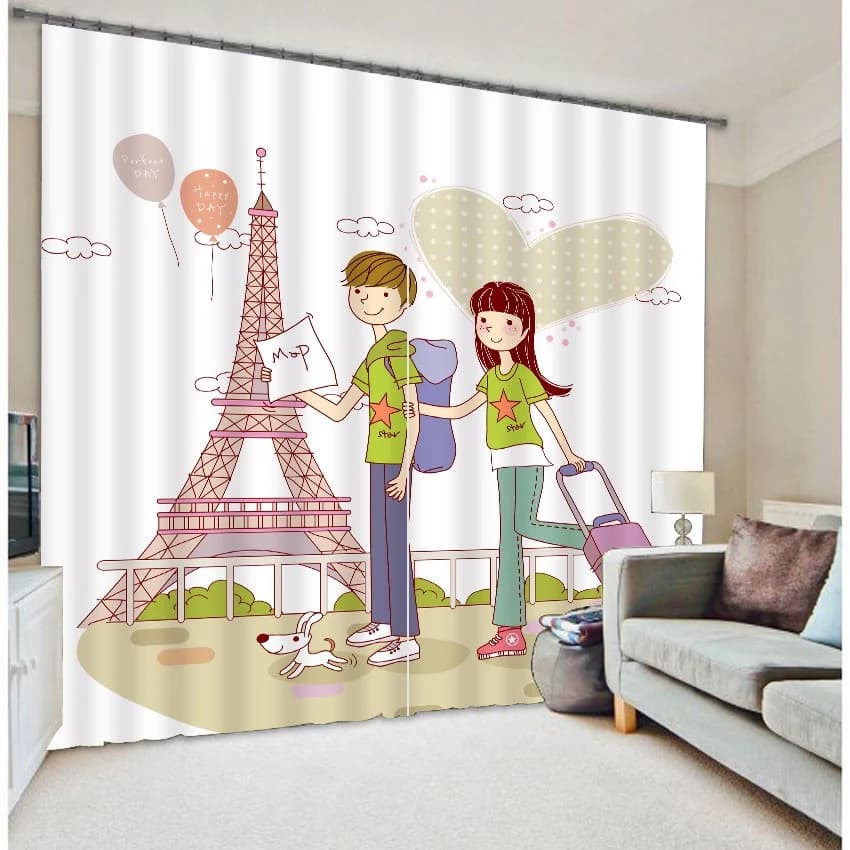 3D Cartoon Lovers Printed Romantic and Sweet Style 2 Pieces Decorative and Blackout Curtain by BeddingInn