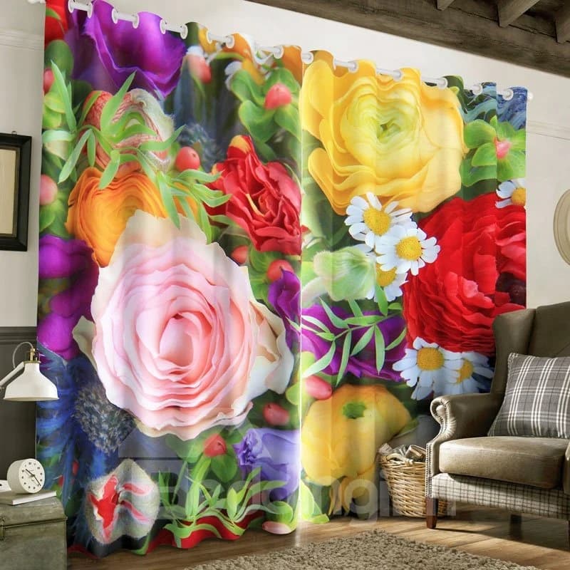 3D Colorful Roses Printed Pastoral Style 2 Panels Grommet Top for Living Room by BeddingInn