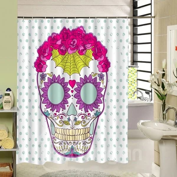 3D Colorful Skull Printed Dot Pattern Polyester White Shower Curtain by BeddingInn
