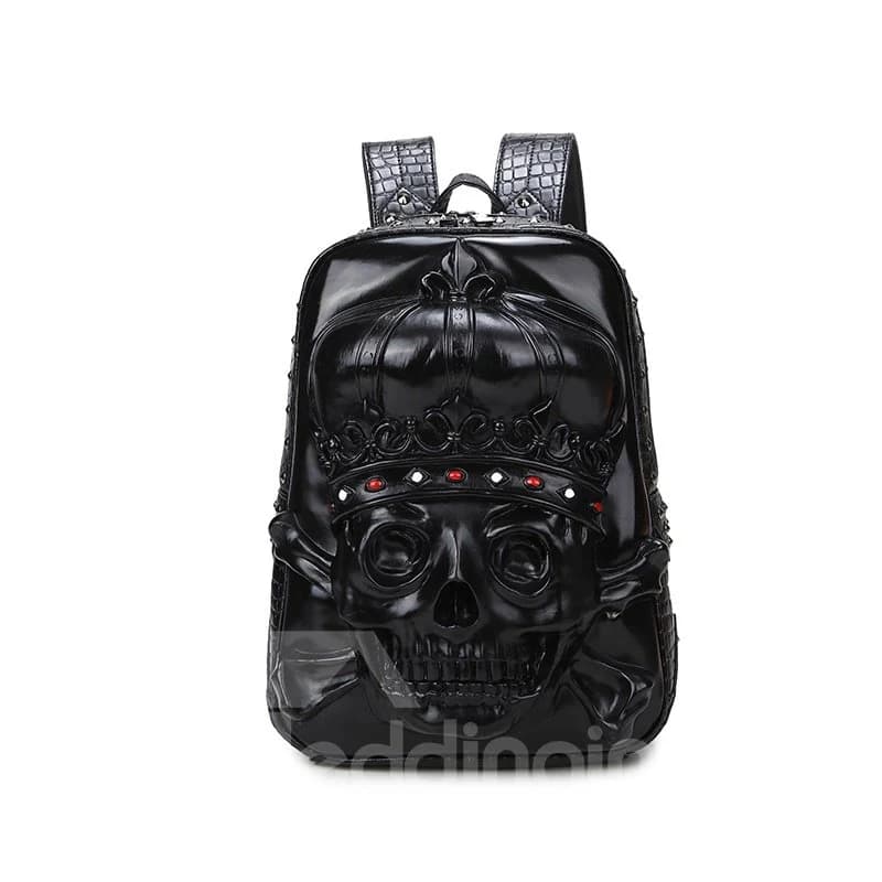 3D Crown Skull Studded Backpack PU Leather Shoulder Bag by BeddingInn