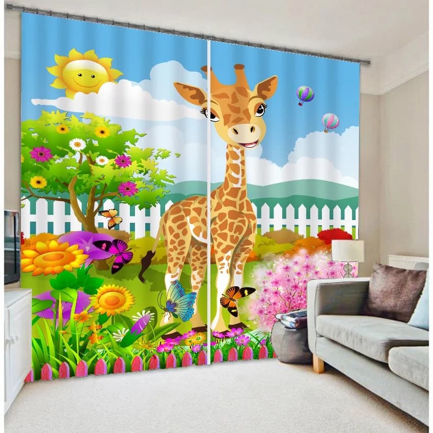 3D Cute Elks Butterflies and Sunflowers Printed Cartoon Style Blackout Custom Curtain by BeddingInn
