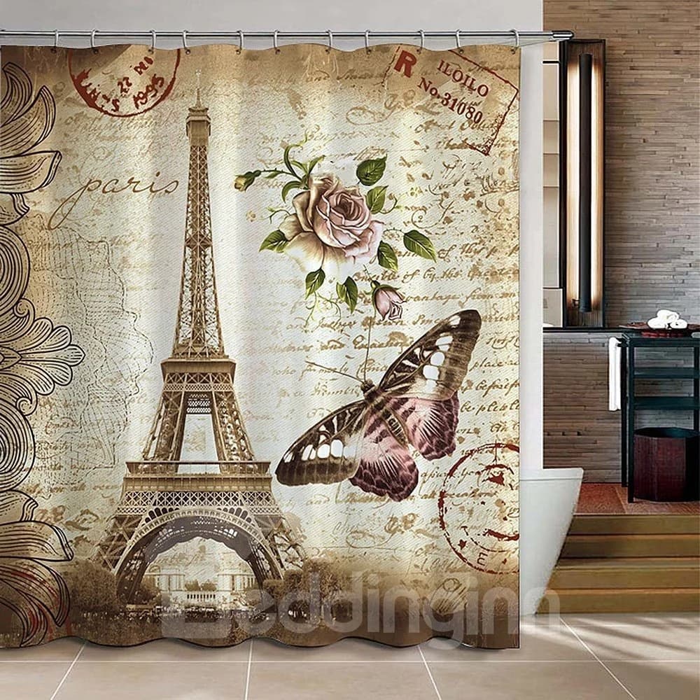 3D Eiffel Tower and Butterfly Printed Polyester Bathroom Shower Curtain by BeddingInn