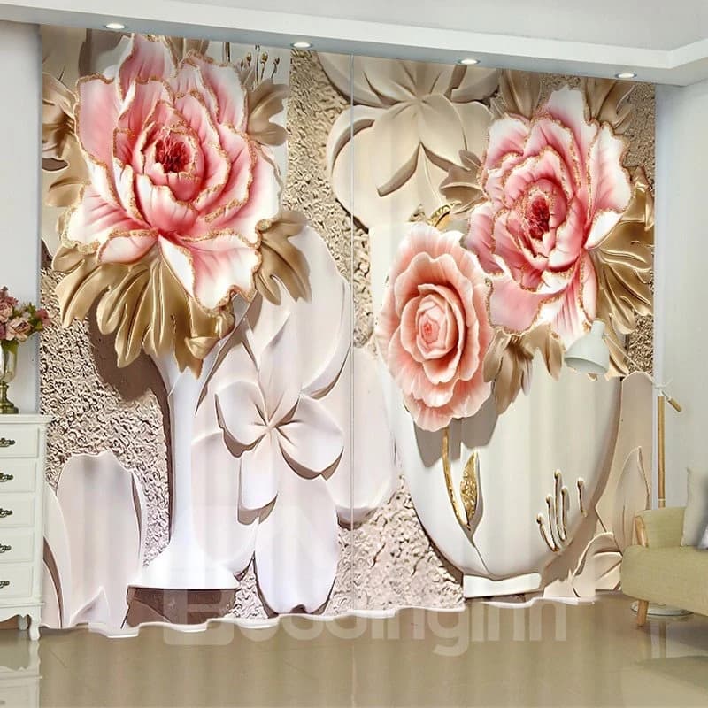 3D Elegant Pink Flowers Printed Artificial Work Decorative Blackout and Dust-proof Custom Curtain for Living Room Bedroom by BeddingInn