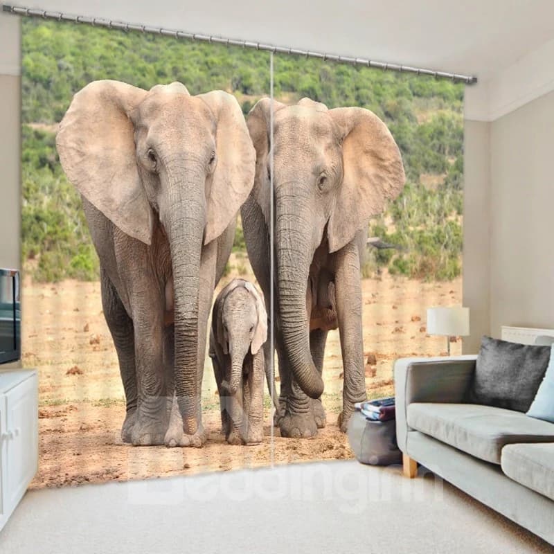 3D Elephant Family in the Grassland Printed Decorative and Blackout Polyester Curtain by BeddingInn