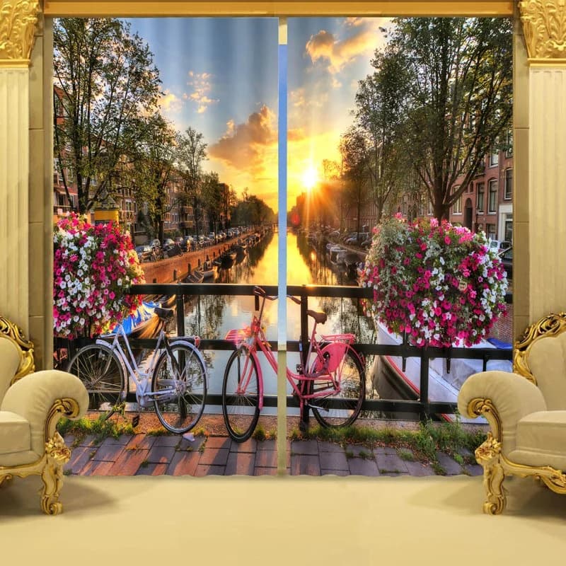 3D Exquisite City at Riverside in Sunset Printed Polyester Modern Style Custom Curtain by BeddingInn