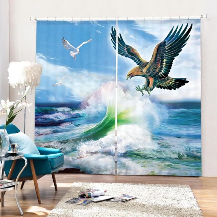 3D Flying Eagle and Rough Sea Printed Creative and Vivid Pattern Decorative Curtain by BeddingInn