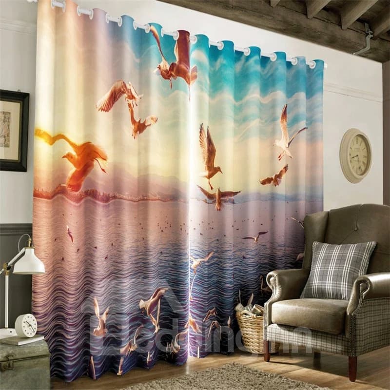 3D Flying Seagulls and Waving Seas Printed 2 Panels Living Room and Bedroom Grommet Top by BeddingInn