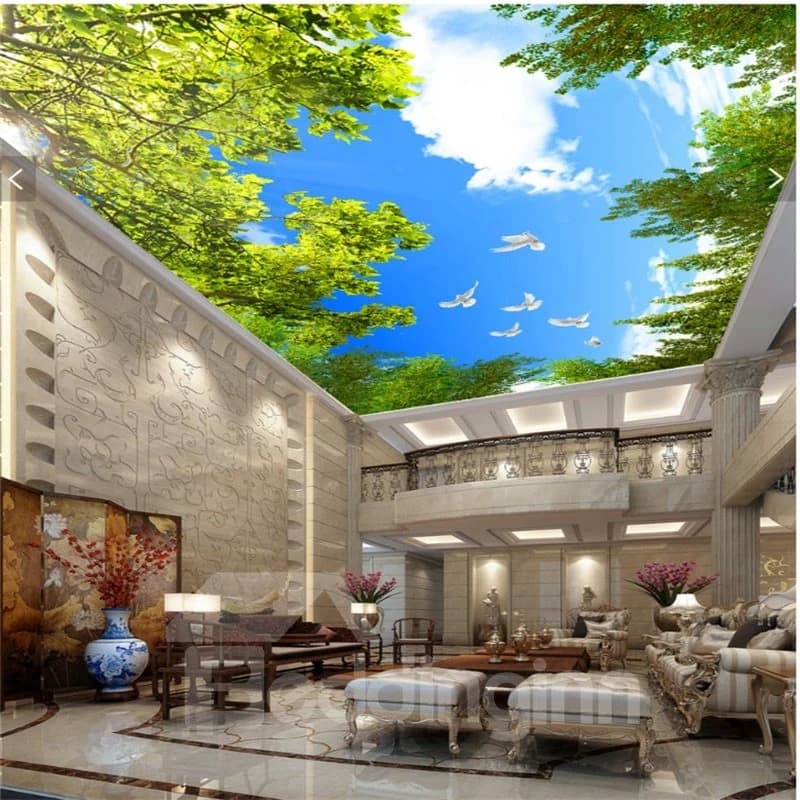 3D Green Trees and Doves in Blue Sky Waterproof Durable Eco-friendly Ceiling Murals by BeddingInn
