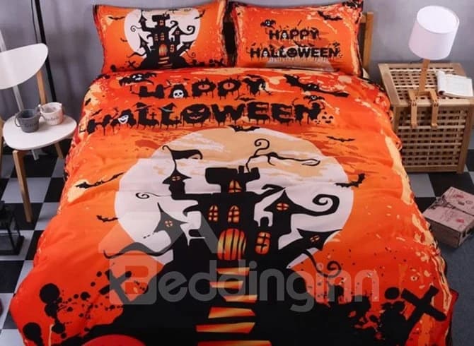 3D Happy Halloween and Castle Printed Polyester 4-Piece Bedding Sets/Duvet Covers by BeddingInn