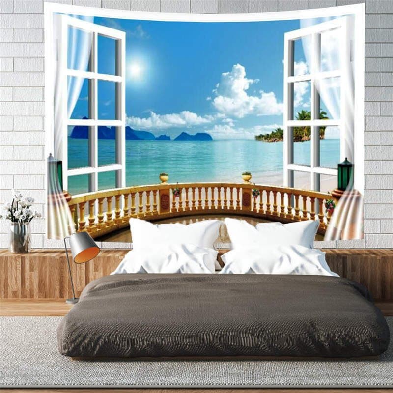 3D Holiday Beach Window Wall Tapestries Home Decoration Wall Decorations Bedspread Bed Cover Table Cloth Curtain by BeddingInn