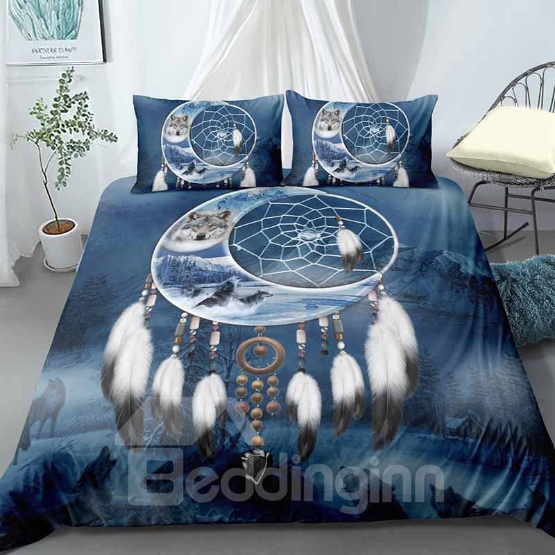 3D Indian Wolf in The Moon And Dream Catcher Digital Printing Polyester 3-Piece 3D Bedding Sets No-fading Soft Duvet Covers by BeddingInn