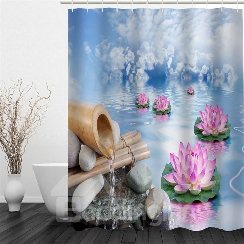 3D Lotus in River Polyester Waterproof Antibacterial and Eco-friendly Shower Curtain by BeddingInn