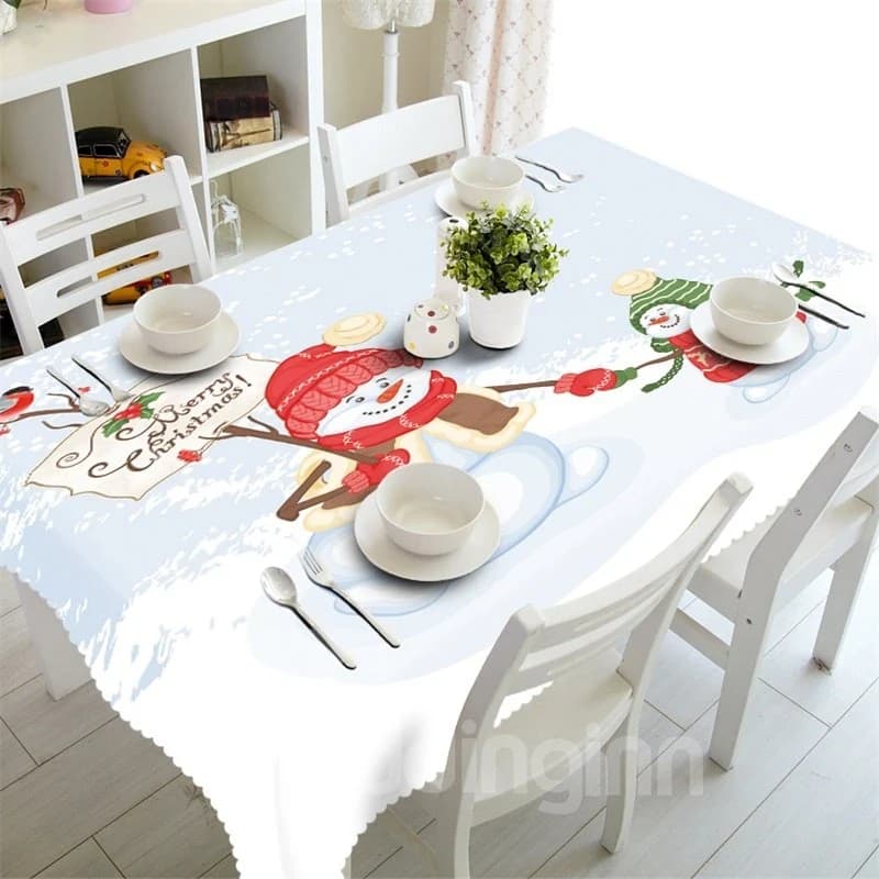 3D Lovely Snowman Father and Kid Printed Winter Scenery Table Cloth Cover by BeddingInn