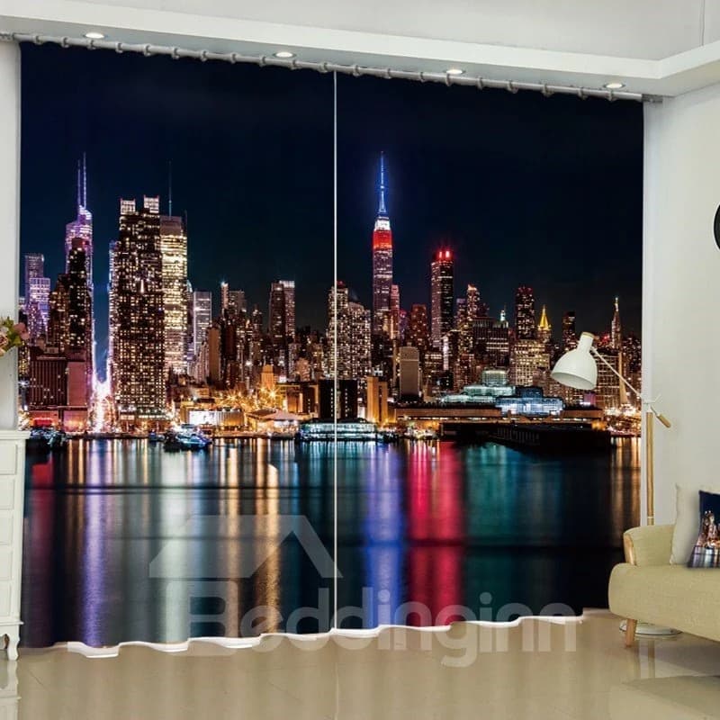 3D Modern Buildings Printed Wonderful Night Scenery 2 Panels Custom Living Room Curtain by BeddingInn
