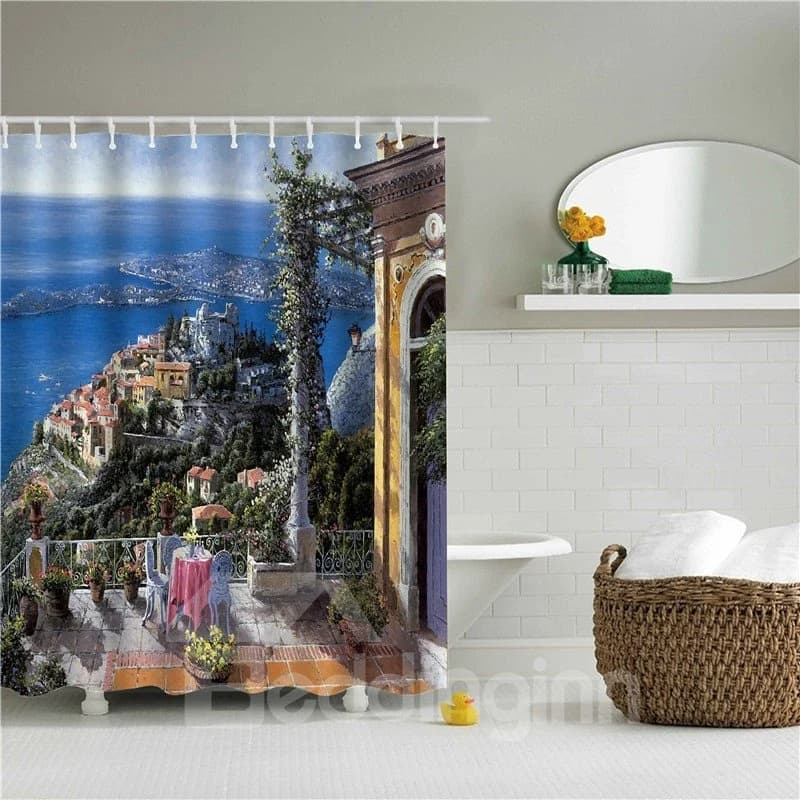 3D Oil Painting City Nearby the Sea Printed Polyester Bathroom Shower Curtain by BeddingInn