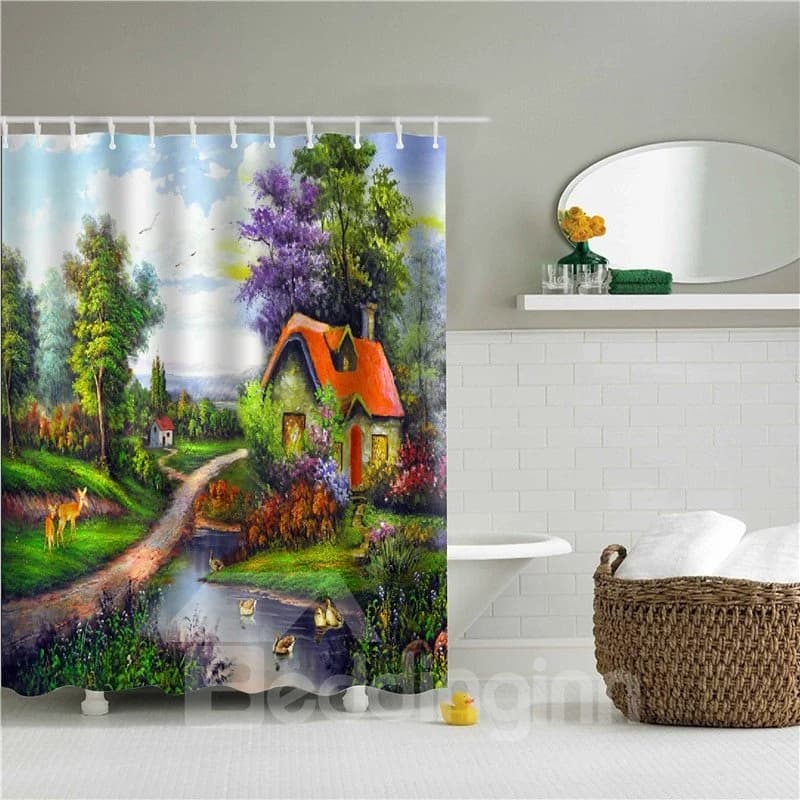 3D Oil Painting House Printed Polyester Colorful Bathroom Shower Curtain by BeddingInn