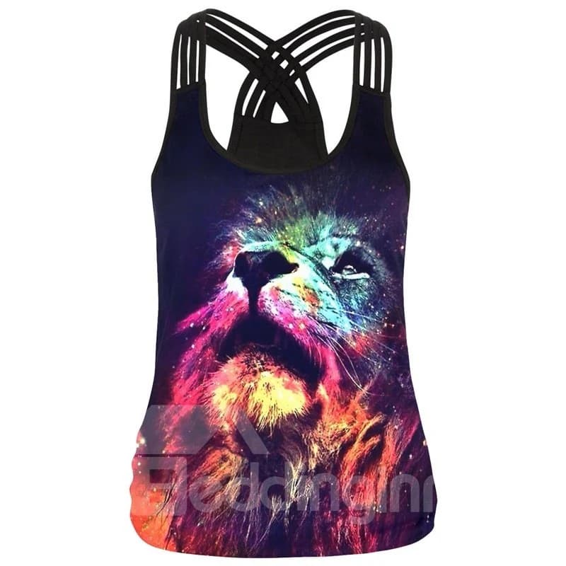 3D Painting Color Lion Face Pattern Round Neck Sleeveless Tank Top by BeddingInn